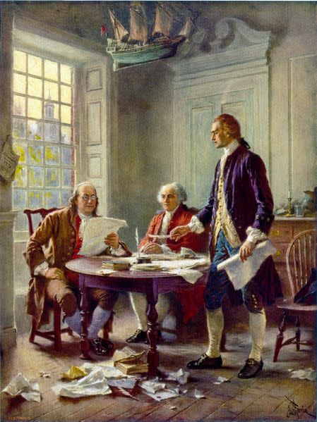 <em>Writing the Declaration of Independence, 1776</em>, an idealized depiction of Franklin, Adams, and Jefferson <u>working on the Declaration</u> was widely reprinted (by <u>Jean Leon Gerome Ferris</u>, 1900). Wikimedia Commons.