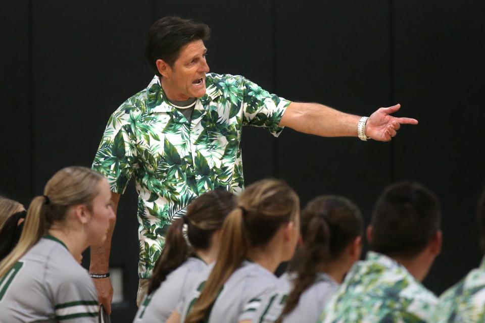 Venice High volleyball coach Brian Wheatley makes a point during his club's match against H.B. Plant in the Class 7A-Region 3 final Wednesday in Tampa.