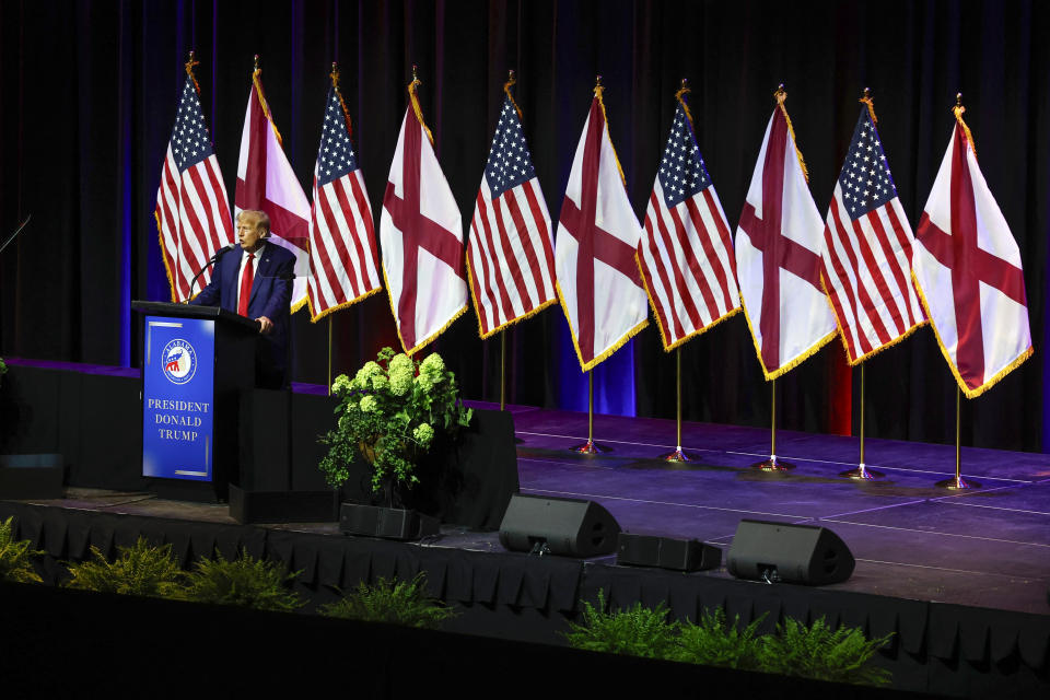 Former President Donald Trump speaks at a fundraiser event for the Alabama GOP, Friday, Aug. 4, 2023, in Montgomery, Ala. (AP Photo/Butch Dill)