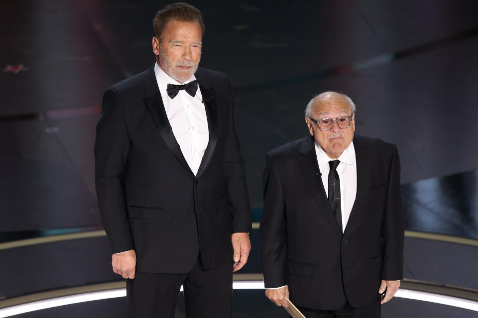 Arnold Schwarzenegger and Danny DeVito appeared on stage together at the Oscars for a funny comedy skit. (Variety/Getty)