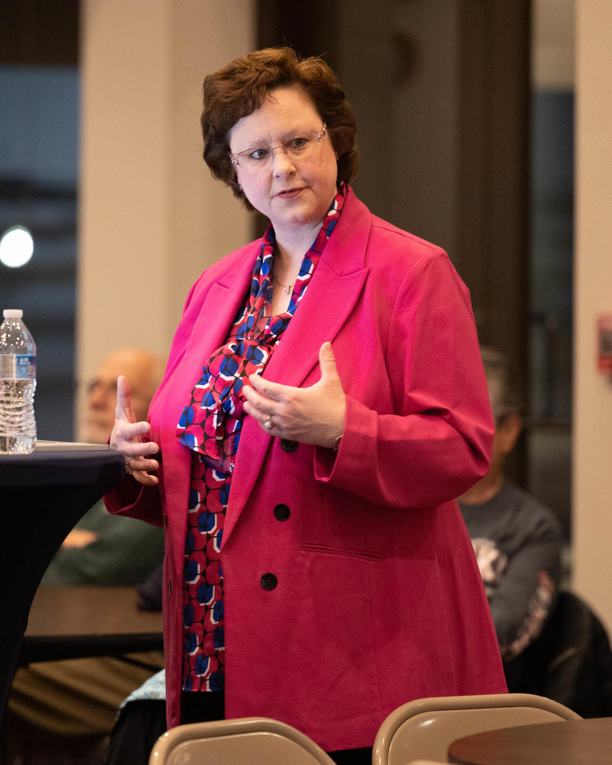Candi Lukat, seen speaking in January at a school district event, resigned in March 2024 as treasurer of Ravenna City Schools.