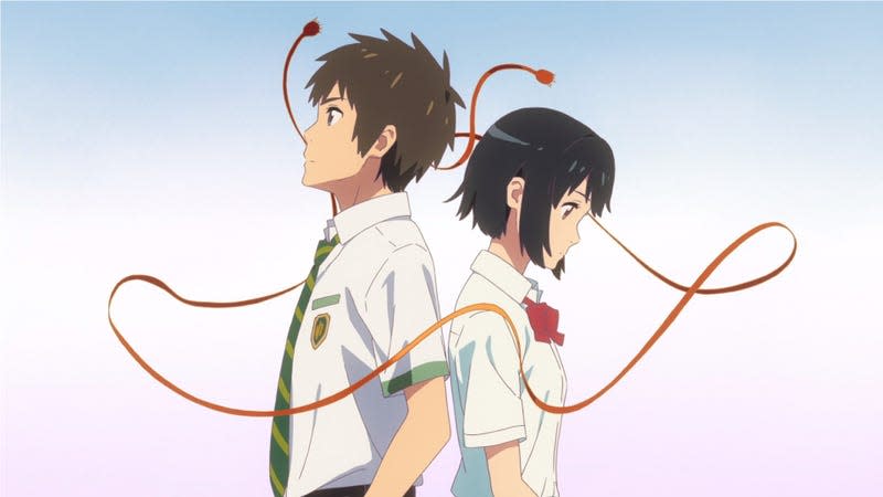 An image of Mitsuha Miyamizu and Taki Tachibana from Your Name.