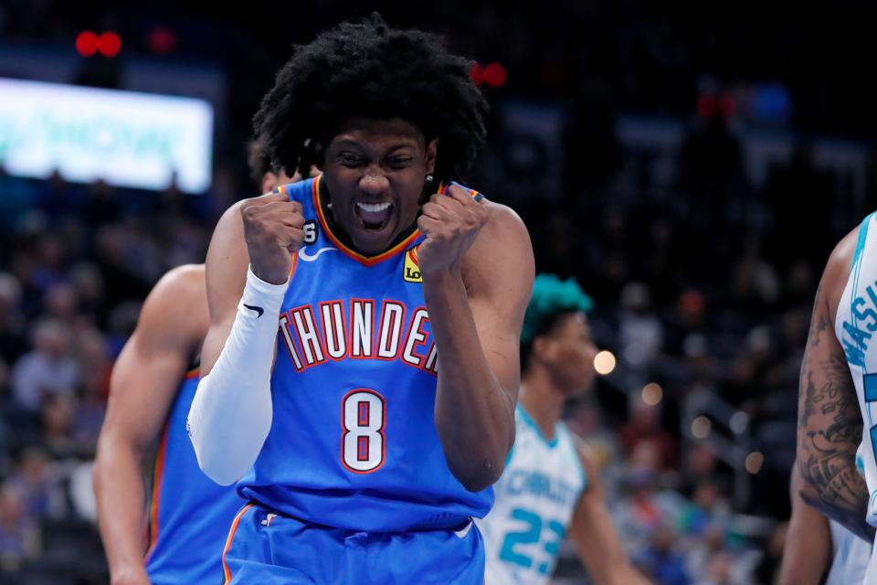 Oklahoma City Thunder forward Jalen Williams (8) reacts after missing a basket during an NBA basketball game between the Oklahoma City Thunder and the Charlotte Hornets at Paycom Center in Oklahoma City, Tuesday, March 28, 2023.