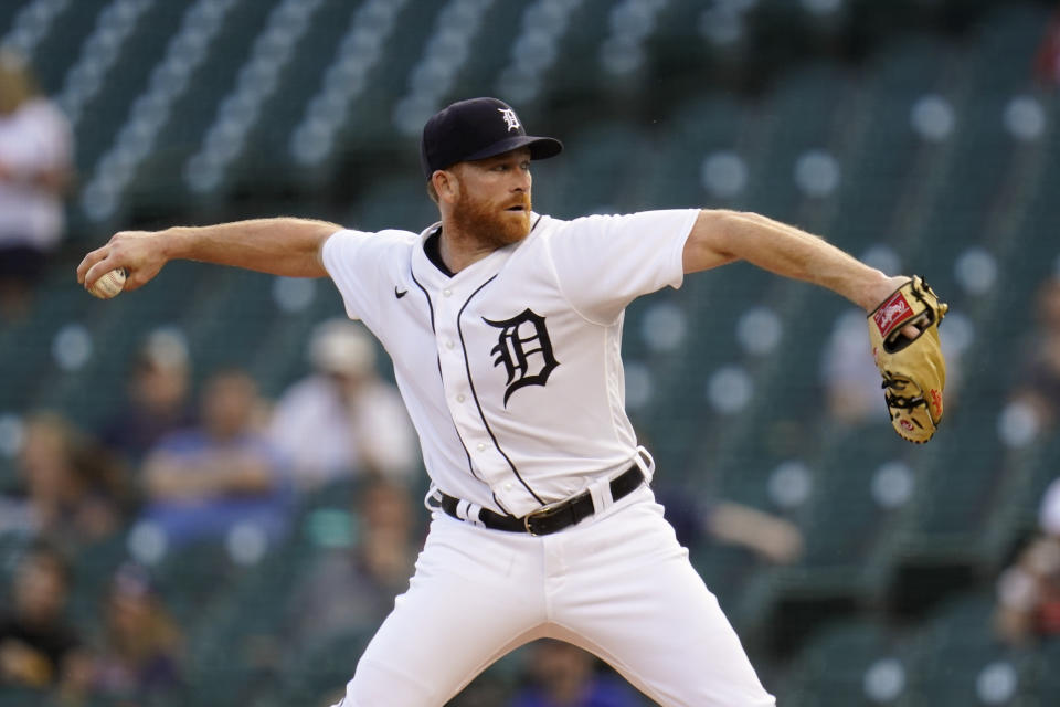 Detroit Tigers pitcher Spencer Turnbull throws against the Cleveland Indians in the first inning of a baseball game in Detroit, Monday, May 24, 2021. (AP Photo/Paul Sancya)