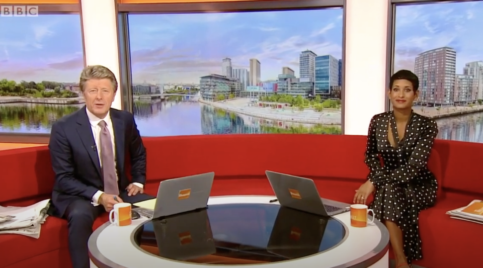 Naga Munchetty on the BBC Breakfast red sofa.