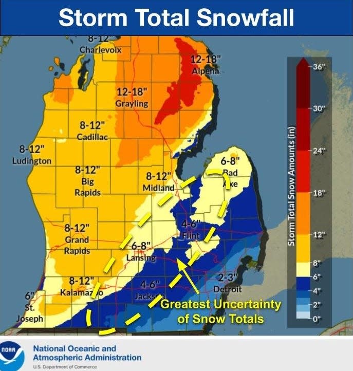 The National Weather Service says snowfall totals are uncertain in the Lansing area.