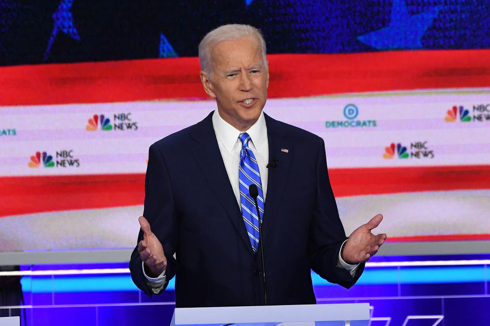 emocratic presidential hopeful former US Vice President Joseph R. Biden speaks during the second Democratic primary debate of the 2020 presidential campaign season hosted by NBC News at the Adrienne Arsht Center for the Performing Arts in Miami, Florida, June 27, 2019. | Saul Loeb—FP/Getty Images D