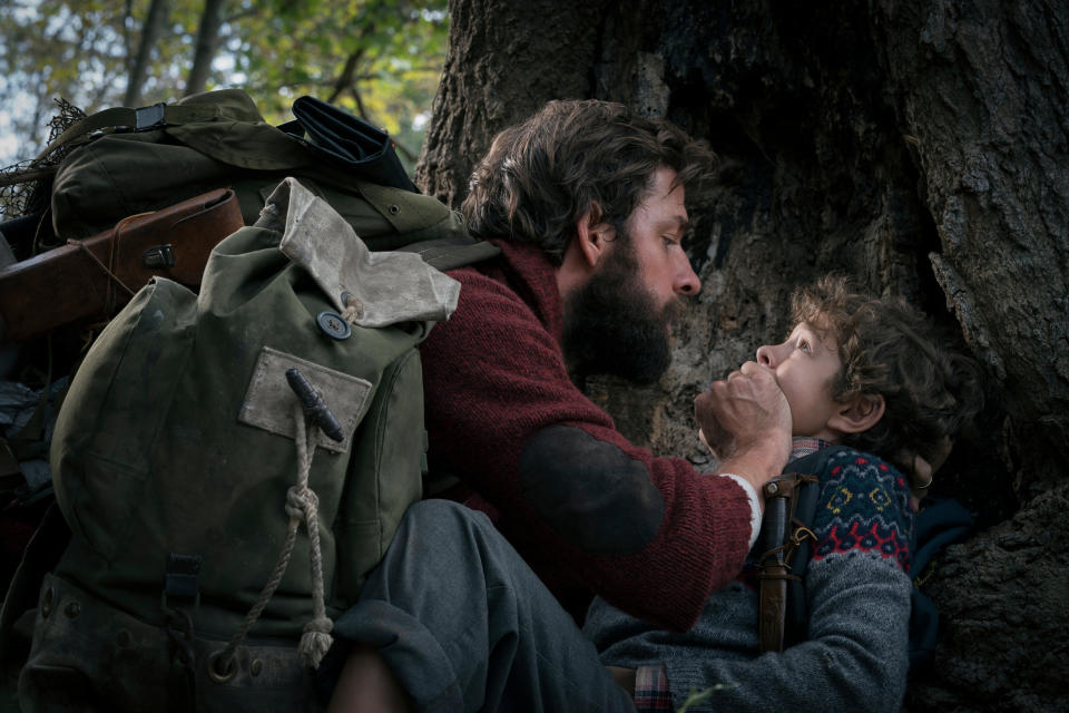 This image released by Paramount Pictures shows John Krasinski, left, and Noah Jupe in a scene from “A Quiet Place.” (Jonny Cournoyer/Paramount Pictures via AP)