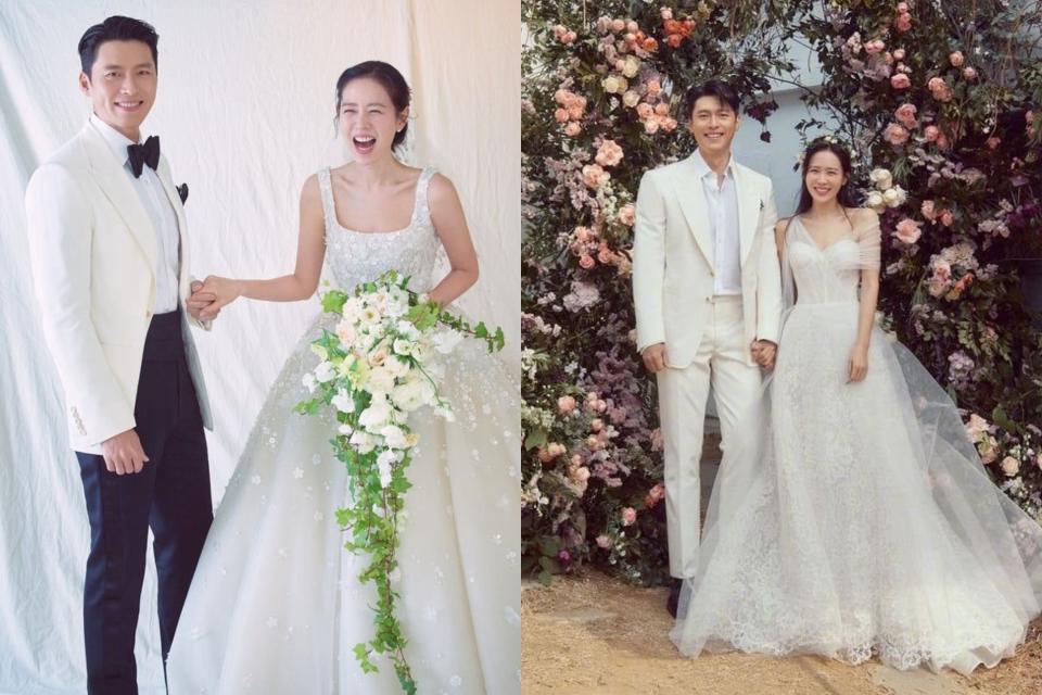 玄彬、孫藝真公布婚紗照，連換2套小禮服。（翻攝自MSTeam娛樂、VAST娛樂）