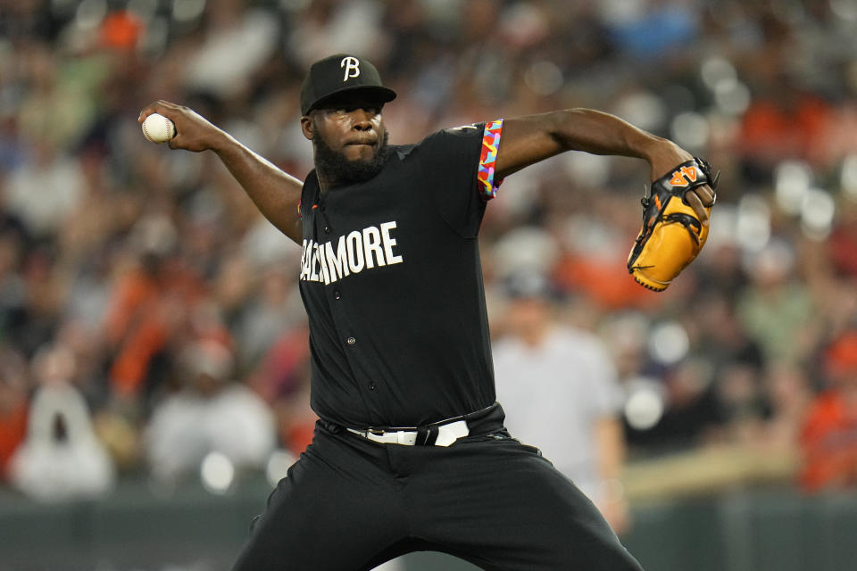 FILE - Baltimore Orioles relief pitcher Felix Bautista throws in the ninth inning of a baseball game against the New York Yankees, early Saturday, July 29, 2023, in Baltimore. Bautista will have Tommy John surgery in October and miss the playoffs and likely the entire 2024 season, according to general manager Mike Elias on Sept. 30. (AP Photo/Julio Cortez, File)