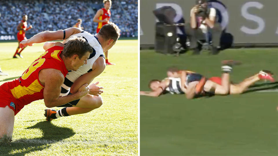 Gold Coast's Nick Holman has copped a two match ban for this tack on Gellong's Mitch Duncan, which the Suns have elected to challenge. Pictures: Getty Images/Channel 7