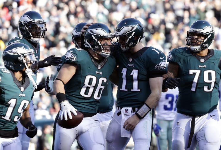 Carson Wentz and Zach Ertz celebrate a touchdown last season. (AP)