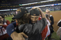 <p>Carlos Correa #1 of the Houston Astros celebrates with teammates on the field after the Astros defeated the Los Angeles Dodgers in Game 7 of the 2017 World Series at Dodger Stadium on Wednesday, November 1, 2017 in Los Angeles, California. (Photo by Rob Tringali/MLB Photos via Getty Images) </p>