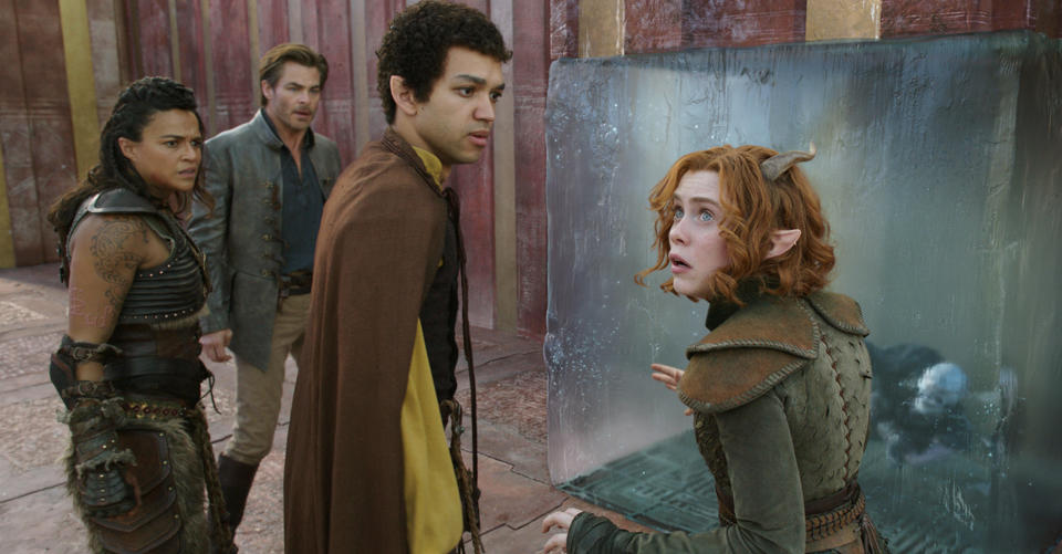 This image released by Paramount Pictures shows Michelle Rodriguez, from left, Chris Pine, Sophia Lillis and Justice Smith in a scene from "Dungeons & Dragons: Honor Among Thieves." (Paramount Pictures via AP)