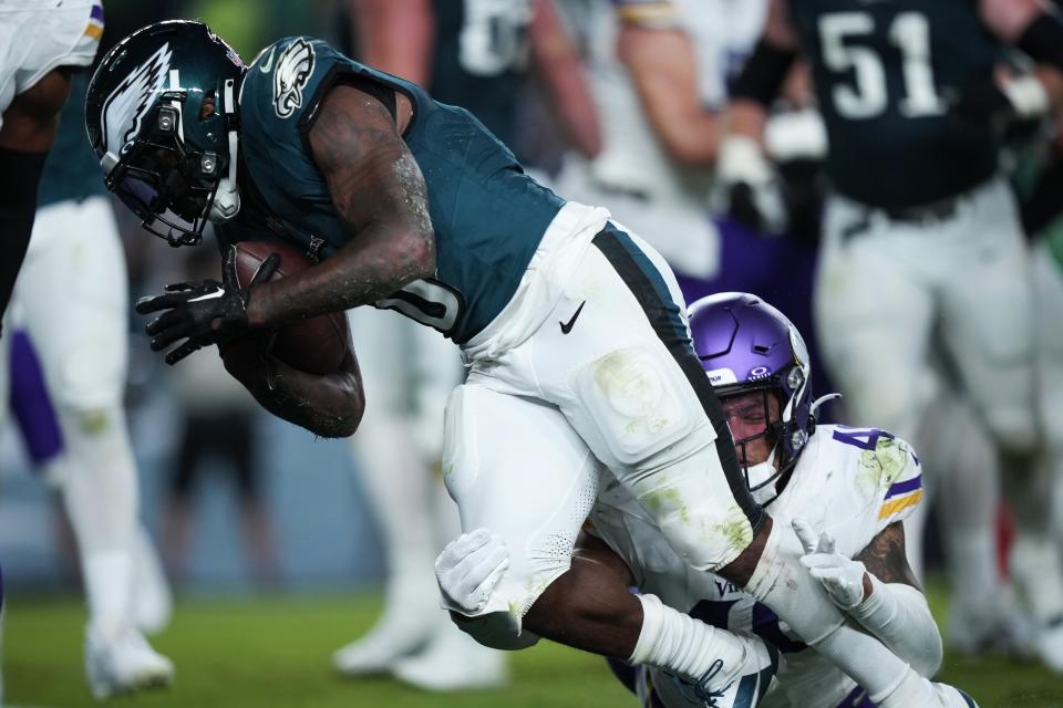 Philadelphia Eagles running back D'Andre Swift (0) scores a touchdown during the second half of an NFL football game against the Minnesota Vikings on Thursday, Sept. 14, 2023, in Philadelphia. (AP Photo/Matt Slocum)