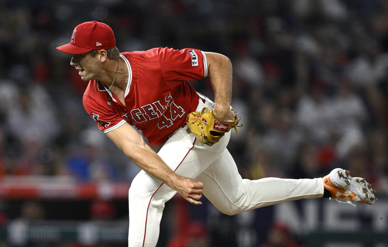 Ben Joyce #44 of the Los Angeles Angels pitches against the Atlanta Braves during the ninth inning at Angel Stadium of Anaheim on August 16, 2024 in Anaheim, California. (Photo by Orlando Ramirez/Getty Images)