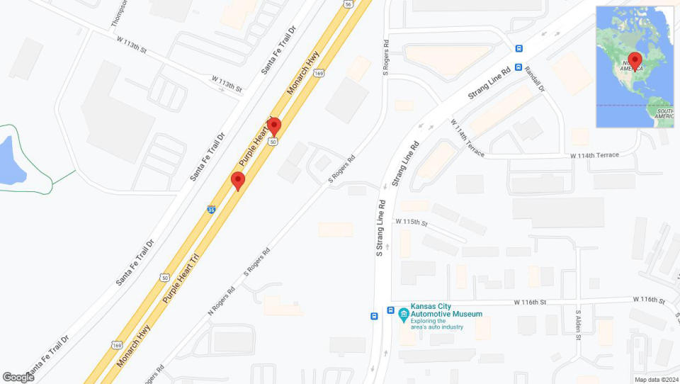 A detailed map that shows the affected road due to 'Warning: Crash on eastbound I-35 in Olathe' on January 2nd at 6:49 p.m.