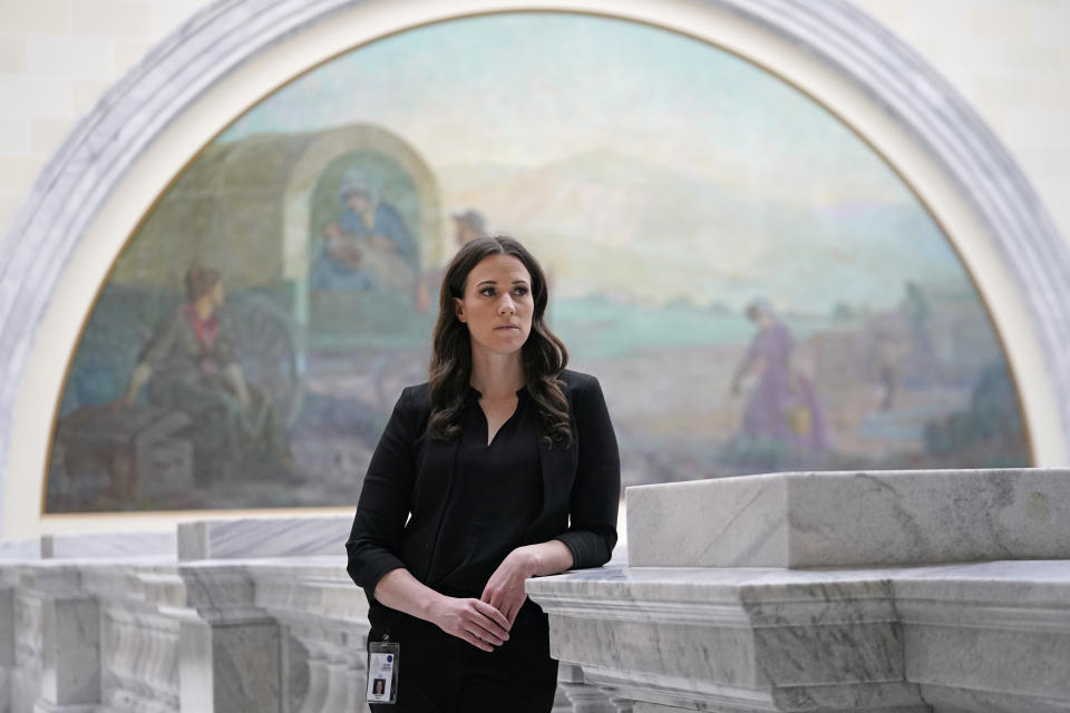 Democratic state Sen. Stephanie Pitcher poses for a photo, Monday, Feb. 27, 2023, at the Utah State Capitol, in Salt Lake City. A push to mandate that members of religious clergy report child sexual abuse when it's brought to their attention is facing pushback from churches throughout the United States. That's the case in Utah, where four separate proposals to narrow the so-called clergy-penitent privilege loophole have not received hearings in the statehouse as lawmakers prepare to adjourn for the year. (AP Photo/Rick Bowmer)