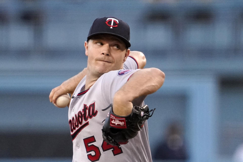 Minnesota Twins starting pitcher Sonny Gray throws to the plate during the first inning of a baseball game against the Los Angeles Dodgers Wednesday, Aug. 10, 2022, in Los Angeles. (AP Photo/Mark J. Terrill)