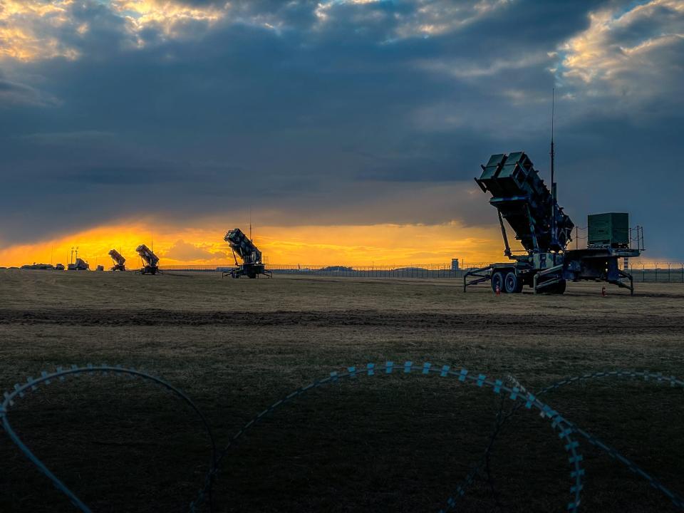 U.S. Patriot missile batteries from the 5th Battalion, 7th Air Defense Artillery Regiment stand ready at sunset in Poland on April 10, 2022. The deployment of these air & missile defense systems is purely defensive. They contribute to the robust shielding provided along NATO’s Eastern flank. The SBAMD systems will protect Allied, populations, territory, and our deployed forces from attack. (U.S. Army photo by Sgt. 1st Class Christopher Smith)