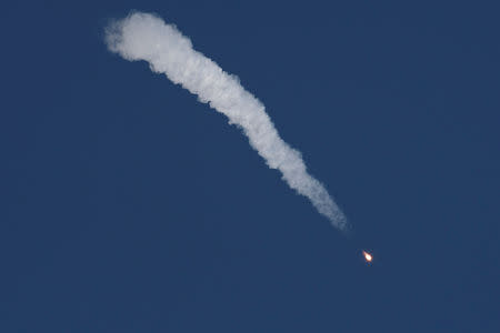The Soyuz rocket is launched with Expedition 57 Flight Engineer Nick Hague of NASA and Flight Engineer Alexey Ovchinin of Roscosmos at the Baikonur Cosmodrome, Kazakhstan October 11, 2018. During the Soyuz spacecraft's climb to orbit, an anomaly occurred resulting in an abort downrange. The crew was quickly recovered and was reported in good condition. NASA/Bill Ingalls/Handout via REUTERS ATTENTION EDITORS - THIS IMAGE WAS PROVIDED BY A THIRD PARTY.