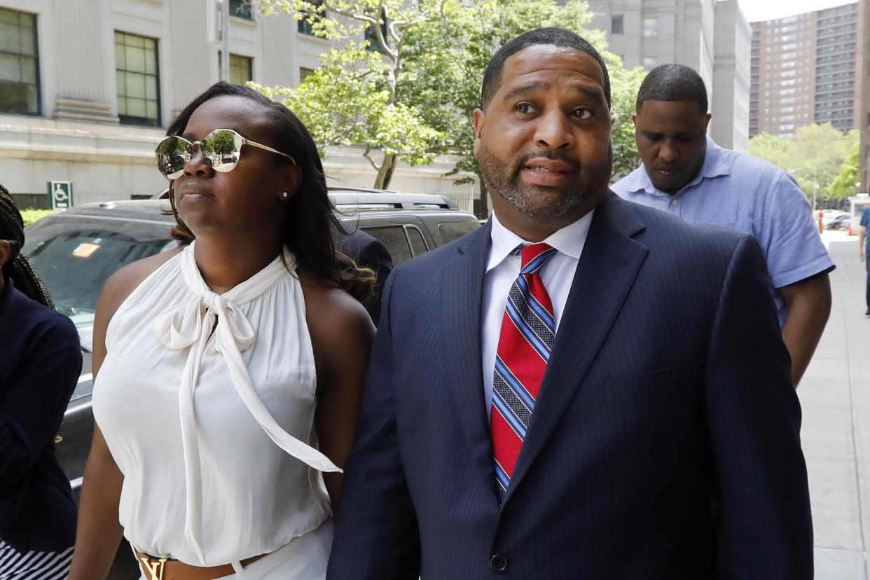Former University of Arizona assistant men's basketball coach Emanuel Richardson leaves Manhattan federal court in New York, after he was sentenced on a bribery conspiracy charge. (AP)