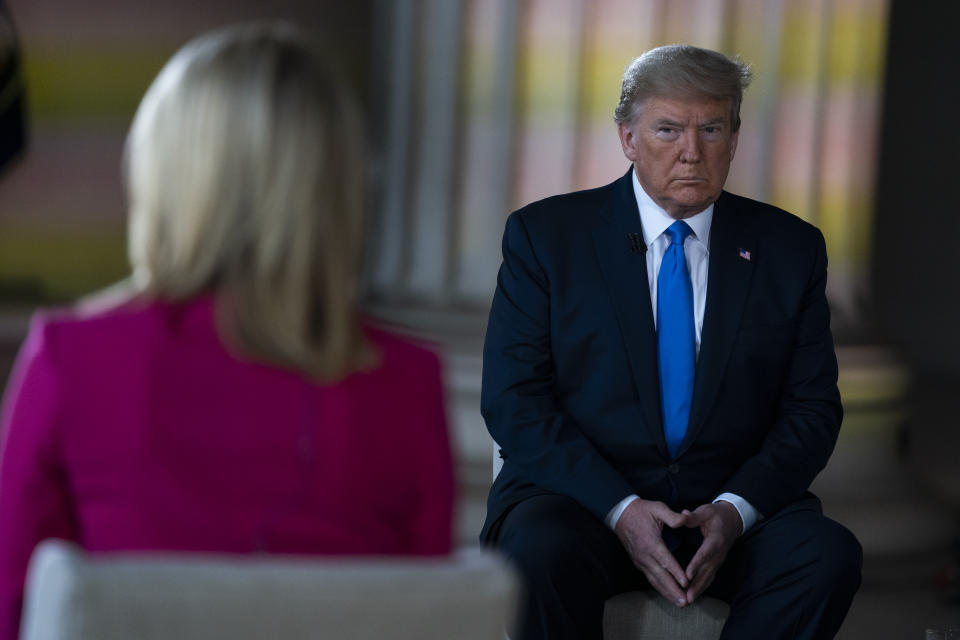 President Donald Trump speaks during a Fox News virtual town hall from the Lincoln Memorial, Sunday, May 3, 2020, in Washington. (AP Photo/Evan Vucci)