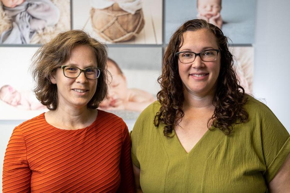 Nurse midwives Caitlin Hainley, left, and Emily Zambrano-Andrews of Des Moines Midwife Collective are suing the state to challenge what they say is an unconstitutional permitting process to be allowed to build a standalone birth center in Des Moines.