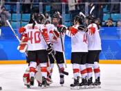 Feb 18, 2018; Gangneung, South Korea; Canada celebrates beating the Olympic Athletes from Russia in the women's ice hockey semifinals during the Pyeongchang 2018 Olympic Winter Games at Gangneung Hockey Centre. Andrew Nelles-USA TODAY Sports