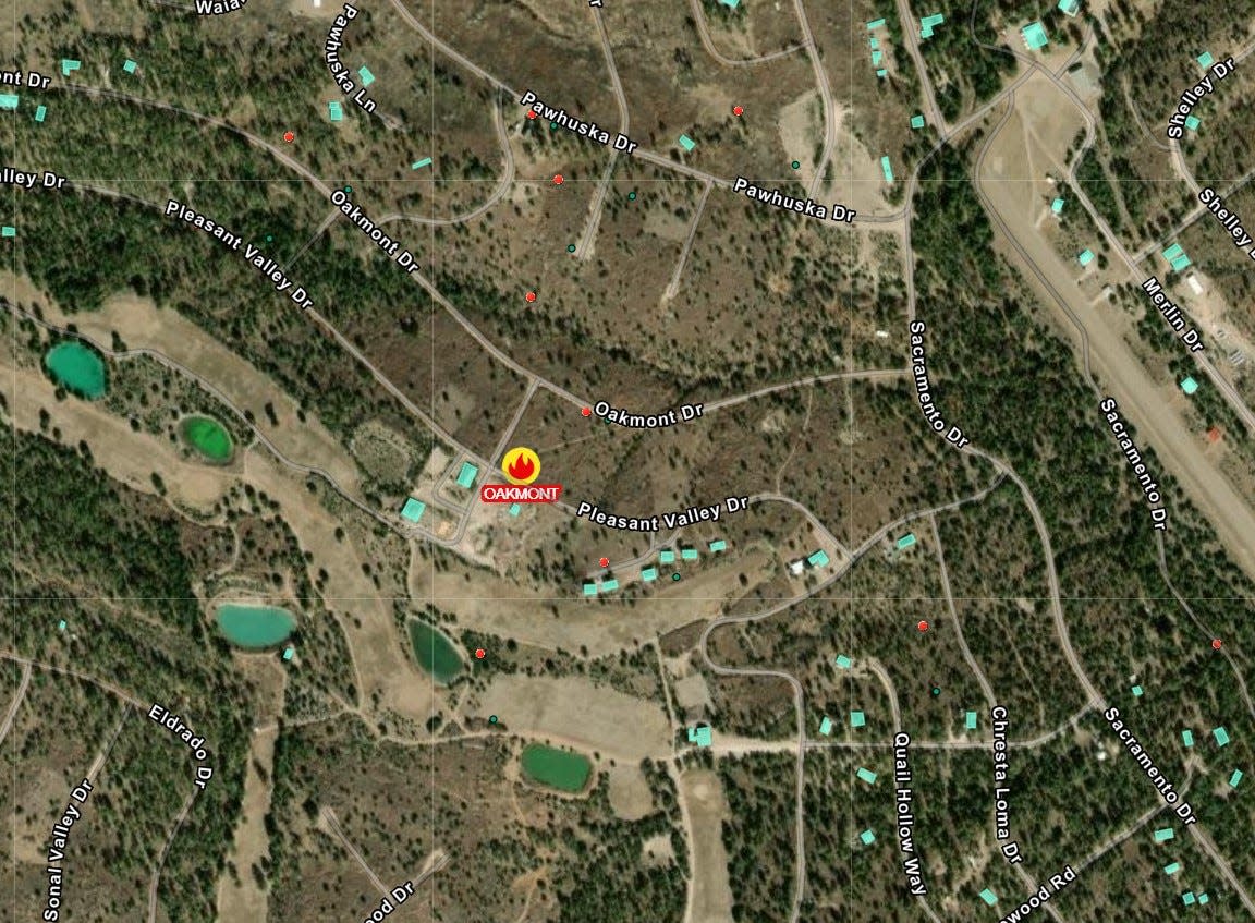 Red dots on the map signify "hot spots" and where the fire is likely to spread. The Oakmont fire has spread from Oakmont Road to areas on Pleasant Valley Drive and Pawhuska Drive. The Oakmont fire began at approximately noon on Friday, May 3, 2024.