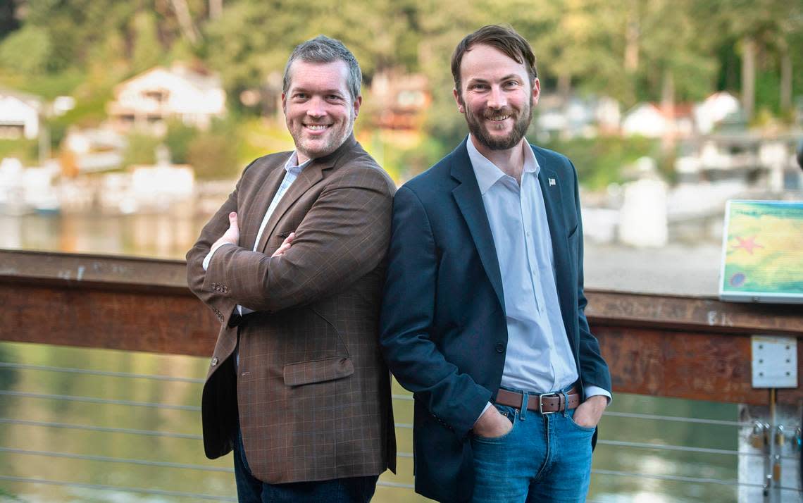 Republican Spencer Hutchins (left) and Democrat Adison Richards have found themselves in a friendly rivalry as opponents in the 26th District state representative race. They are shown at Old Ferry Dock in Gig Harbor, Washington, on Thursday, Sept. 29, 2022.