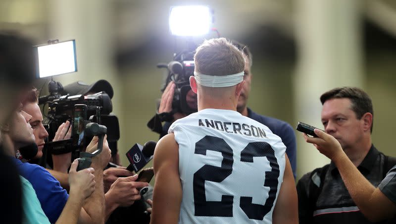 BYU linebacker Zayne Anderson talks with members of the media after BYU’s opening football practice at the indoor facility in Provo on July 31, 2019.