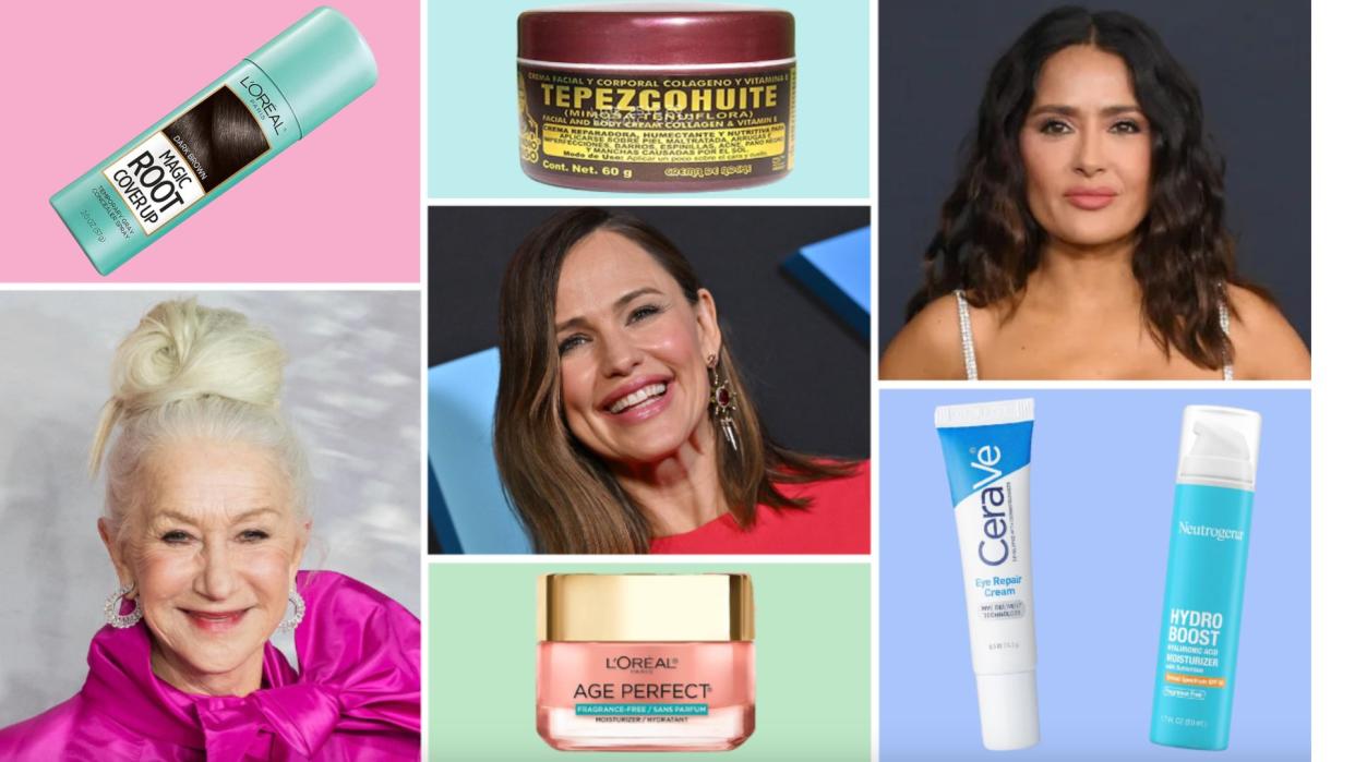 images of Helen Mirren, Jennifer Garner and Salma Hayek alongside assorted makeup products including CeraVe eye cream and GrandeLash serum