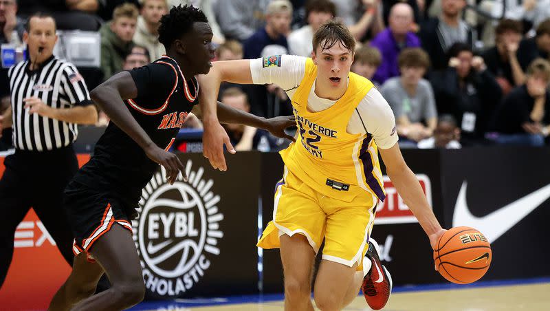 Wasatch Academy’s Bhan Buon guards Montverde Academy’s Cooper Flagg during a National Hoopfest Utah Tournament game at Pleasant Grove High School in Pleasant Grove on Monday, Nov. 20, 2023. Montverde won 88-53.