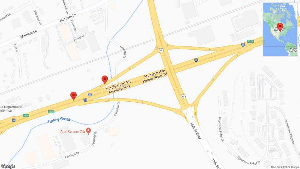 A detailed map that shows the affected road due to 'Broken down vehicle on southbound US-69 South in Kansas City' on January 4th at 6:48 p.m.