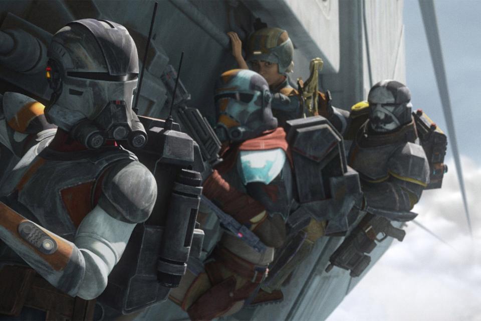 (L-R): Echo, Hunter, Omega and Wrecker in a scene from "STAR WARS: THE BAD BATCH", season 2 exclusively on Disney+. © 2023 Lucasfilm Ltd. & ™. All Rights Reserved.