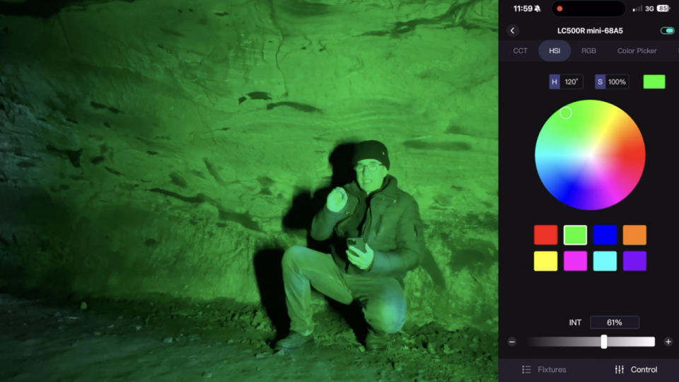 Screen shot of the app for a Godox LC500R Mini light showing a man being lit in green