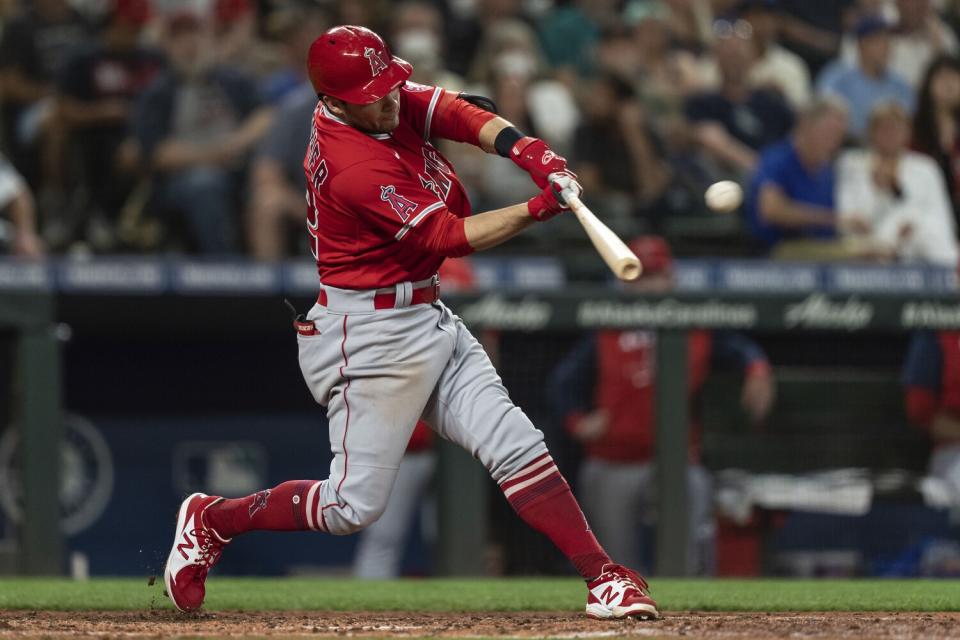 David Fletcher hits a two-run home run for the Angels in the sixth inning of Game 2 of Saturday's doubleheader.