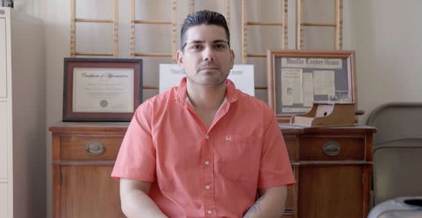 PHOTO: Christopher Salinas sits for an interview with ABC News. His 10-year-old son, Samuel, was injured in the Uvalde school shooting. (Kat Caulderwood/ABC News)