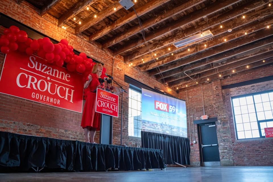 Indiana republican gubernatorial candidate Suzanne Crouch gives remarks conceding in the republican governor nomination to Mike Braun, May 7, 2024, at The Industry in Indianapolis, Indiana.