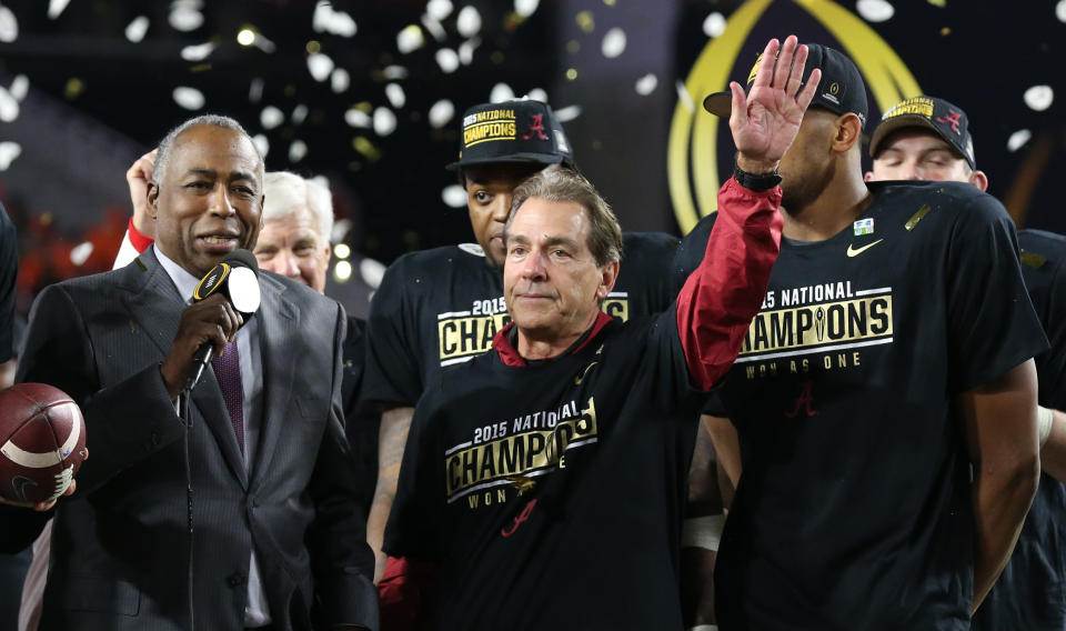 Jan. 11, 2016; Glendale, Arizona; Alabama Crimson Tide head coach Nick Saban waves during the trophy ceremony after the game against the Clemson Tigers in the 2016 CFP National Championship at University of Phoenix Stadium. Alabama won 45-40. Matthew Emmons-USA TODAY Sports