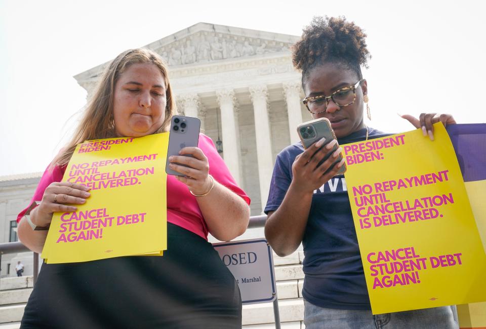 June 30, 2023: NextGen America student debt relief advocates listen and react as The United States Supreme Court released opinions on Department of Education v. Brown and Biden v. Nebraska, on Friday, June 30, 2023, the last day of the 2022-23 term.