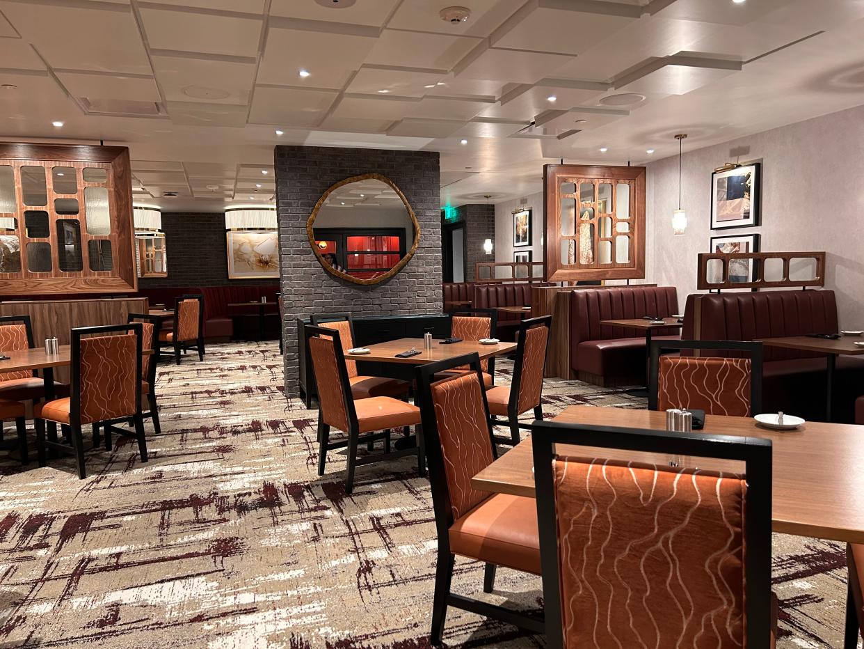 Tables and booths sit inside William B's Steakhouse. The restaurant is located at Par-A-Dice Hotel Casino.