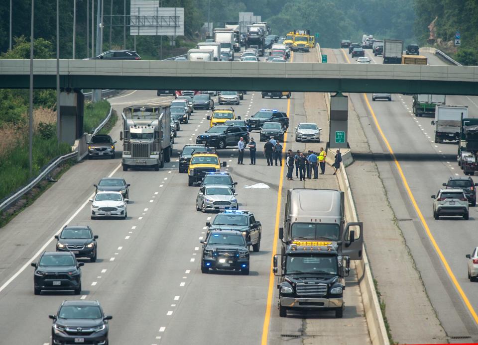 State Police and emergency workers are at the scene of a fatal accident on the Mass Pike eastbound in Framingham, June 6, 2023.
