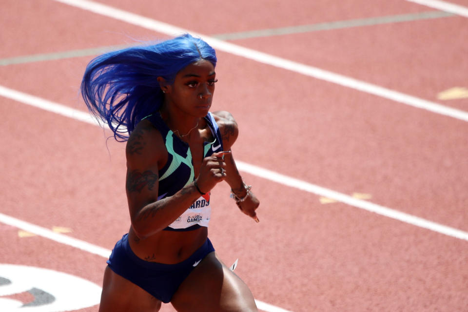 Sha'Carri Richardson runs in the women's 100-meter dash final during the USATF Golden Games at Mt. San Antonio College.