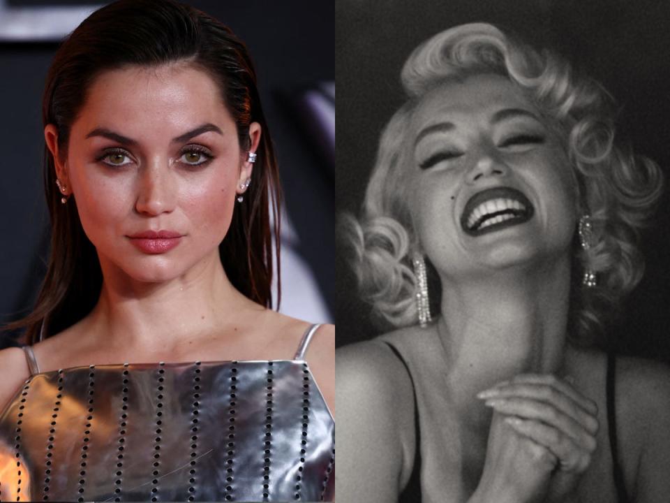 ana de armas on the red carpet in 2022 and as marilyn monroe in "blonde"