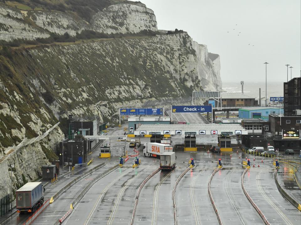 Lorries prepare to embark on a ferry at the Port of Dover (Glyn Kirk/AFP via Getty Images)