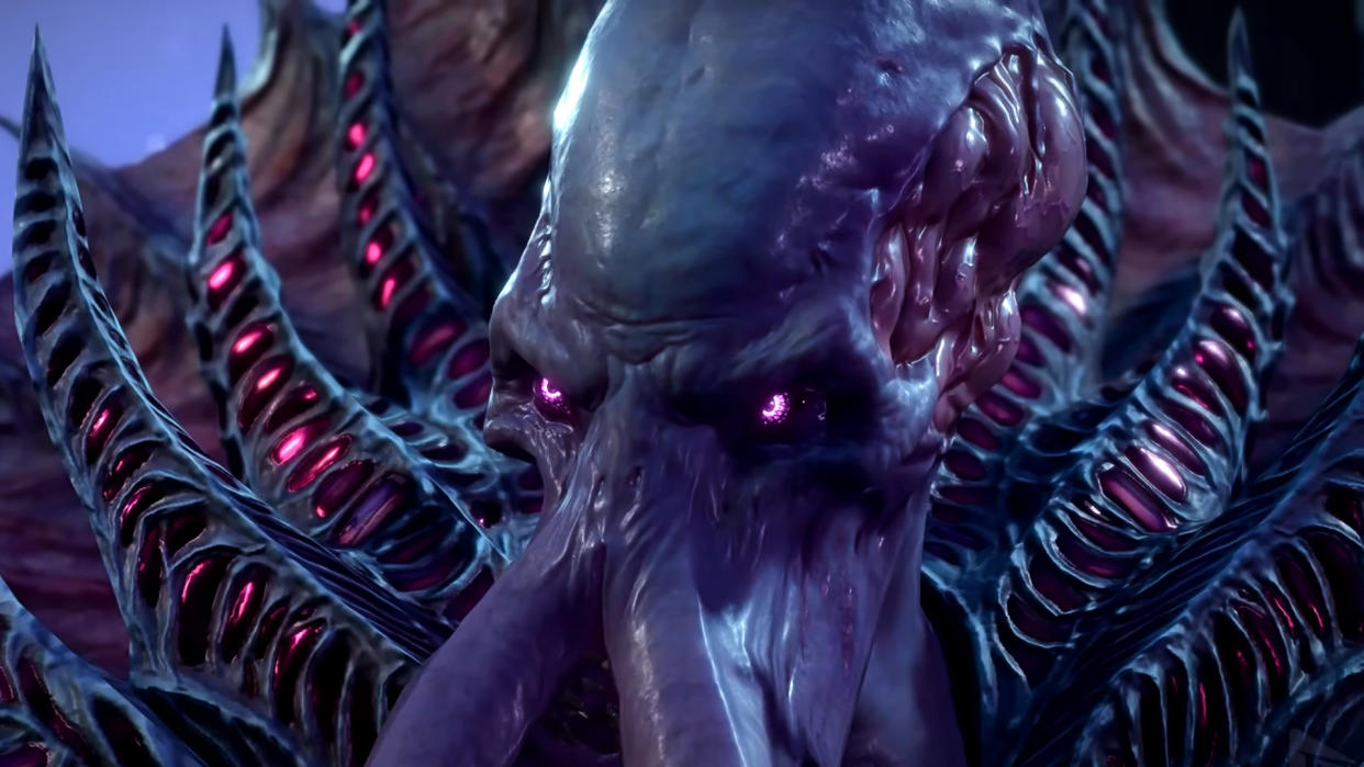  Baldur's Gate 3 mind flayer with pale purple skin and facial tentacles stares ahead with glowing yellow eyes. 