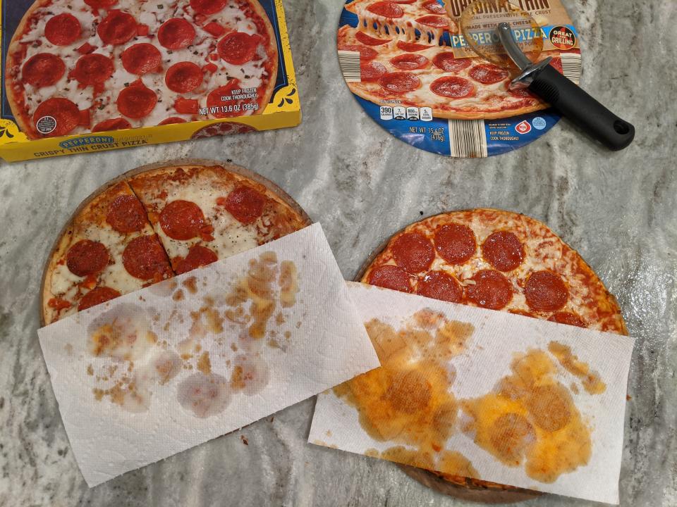 napkins showing grease on aldi and lidl pepperoni pizza