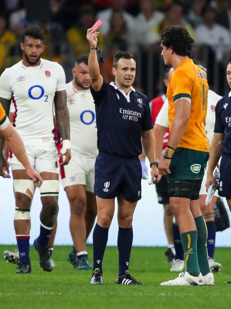 Darcy Swain, right, was red carded in the first half of Australia’s win over England (Gary Day/AP/PA) (AP)